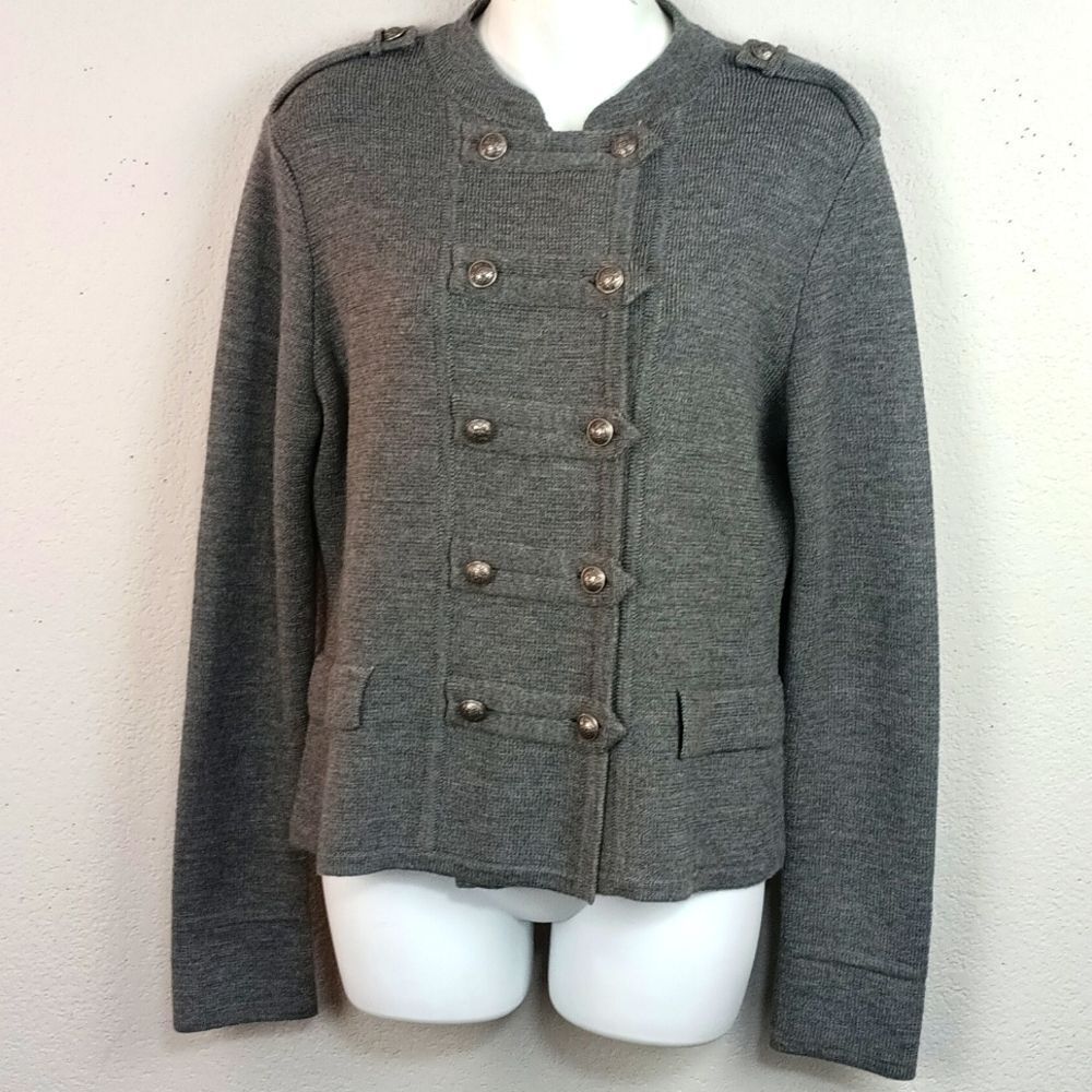 Ann Taylor LOFT Wool Blend Gray Blazer Military-Inspired Double-Breasted sz L